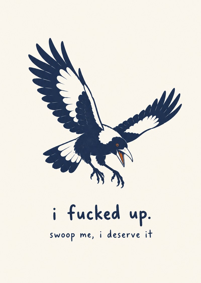 card: a magpie mid-swoop, 'i f*cked up. swoop me, i deserve it'