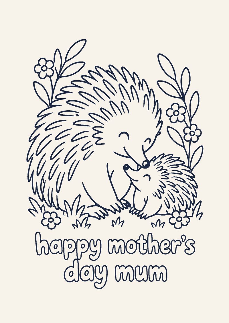 colour-in echidna and puggle among flowers, 'happy mother's day mum'