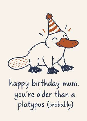 platypus in a party hat, 'happy birthday mum. you're older than a platypus (probably)'