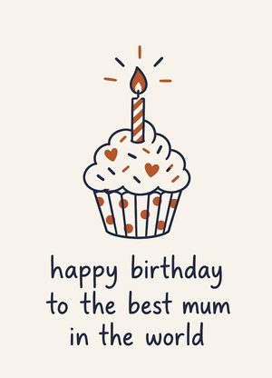 cupcake with a single candle, 'happy birthday to the best mum in the world'