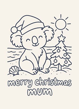 colour-in koala in a santa hat on the beach, 'merry christmas mum'