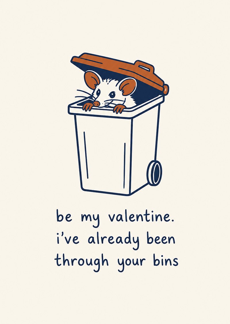 possum in a wheelie bin card, 'be my valentine. i've already been through your bins'